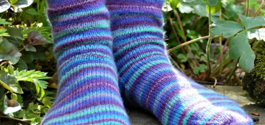 Close-up of feet wearing knitted socks with blue, green, and purple stripes, standing on a stone surface surrounded by leafy greenery. Winwick Mum | Basic 4ply Socks | Beginner sock knitting | Free sock knitting patterns