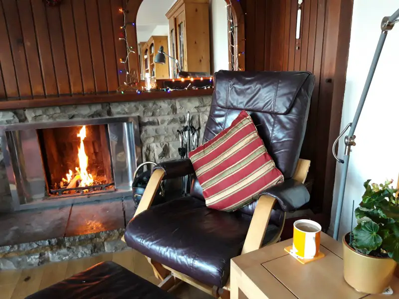 A photo showing an open fire burning in a chrome fireplace to the left of the photo, and a brown leather rocking chair with a red and gold striped cushion on it to the right. In the background is a panelled wooden wall with a mirror in a curved wooden frame resting against it. In the foreground is a small table with an orange mug of tea and a plant on it.