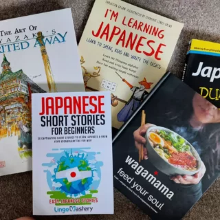 A selection of Japanese books - learning the language, the art of Spirited Away and a Wagamama cook book