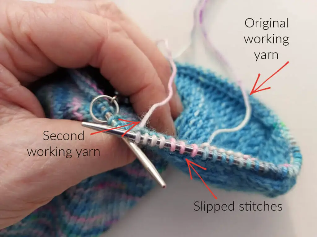 Photo showing two working yarns and slipped stitches