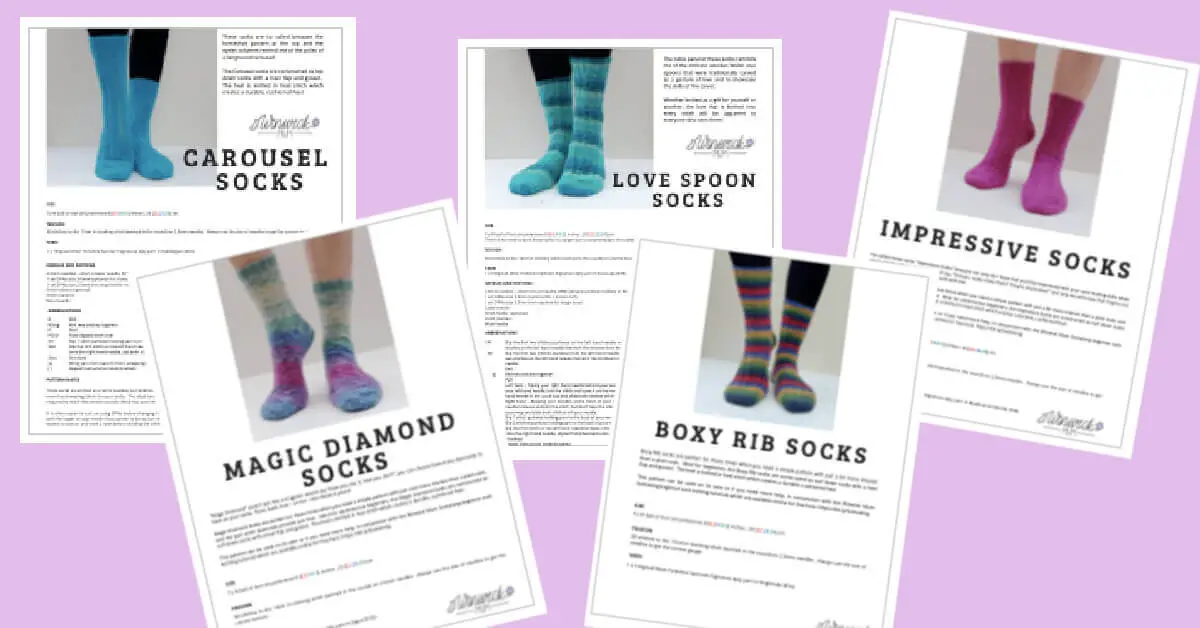 A collage of five sock knitting patterns against a purple background