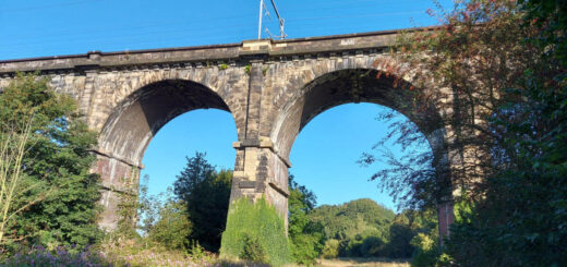 Two arches of a brick built railway viaduct against a brilliant blue sky. The foot of the arches are covered with vegetation.