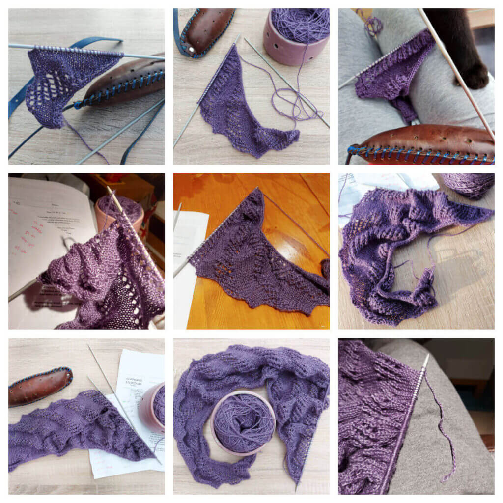 A collage of nine photos showing the progress of a purple shawl.