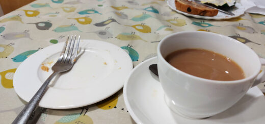 A cup of tea in a saucer is next to a plate which only has crumbs and a fork on it as the cake has all gone. Across the table is another plate with a half-eaten toasted teacake on it.