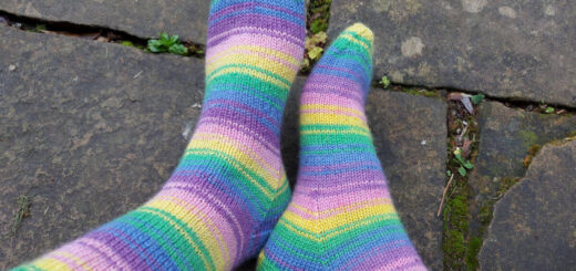 Christine is wearing her new Wildflower socks and wiggling her toes! The socks are pictured against a damp stone flag background.