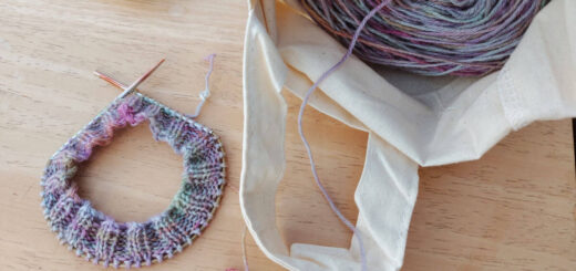 The start of a sock cuff is on a short circular needle and the rest of the pastel yarn cake is inside a cream fabric bag with handles. To the top left are car keys with an orange Herdy key ring.