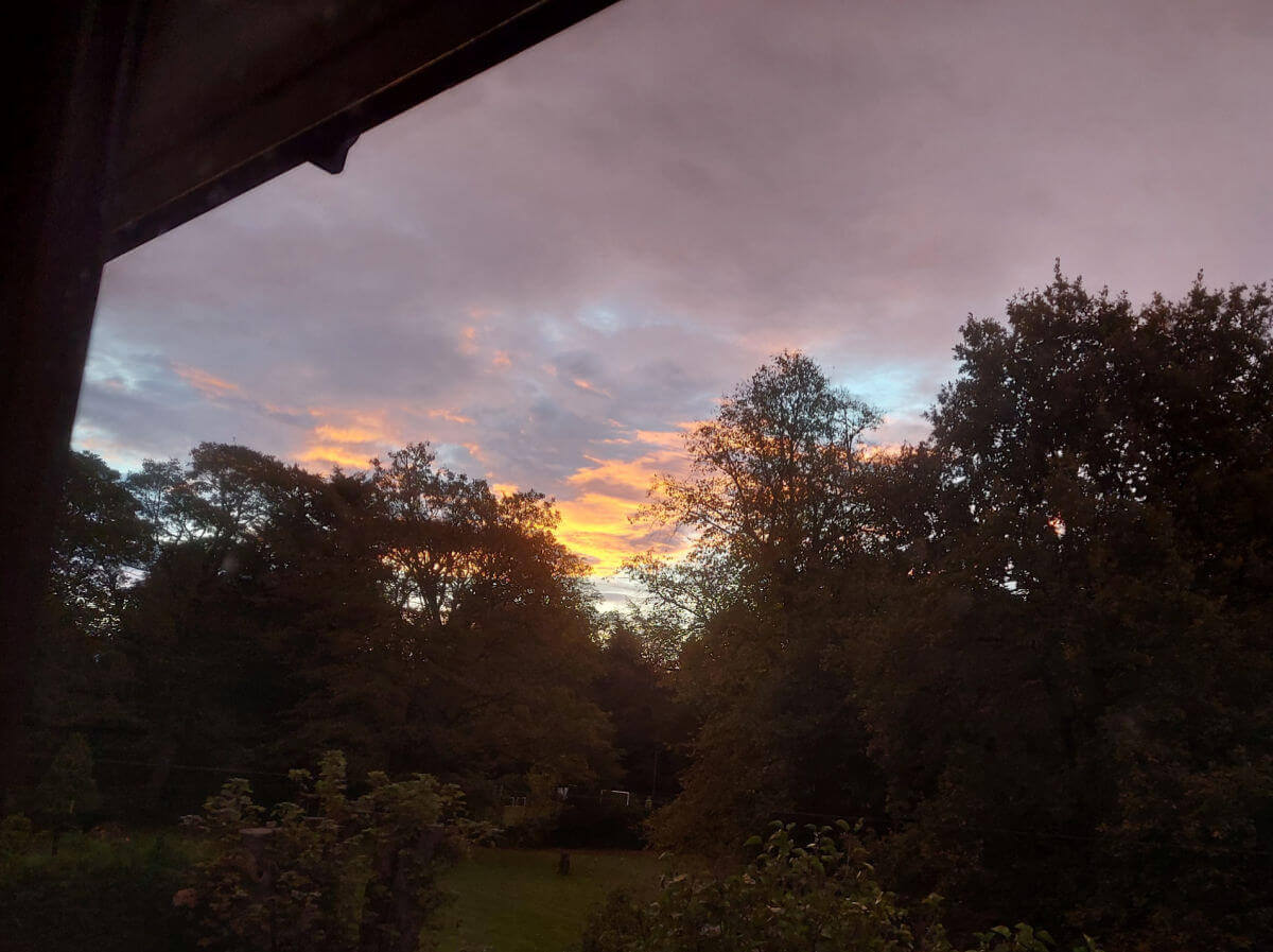 The sun is rising above the trees, turning the clouds shades of pink and orange.