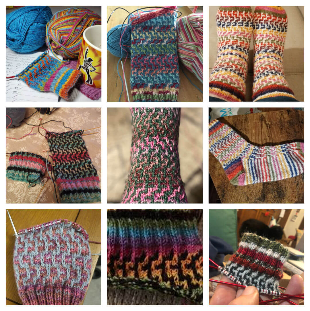 A collage of nine Easy Mosaic Socks