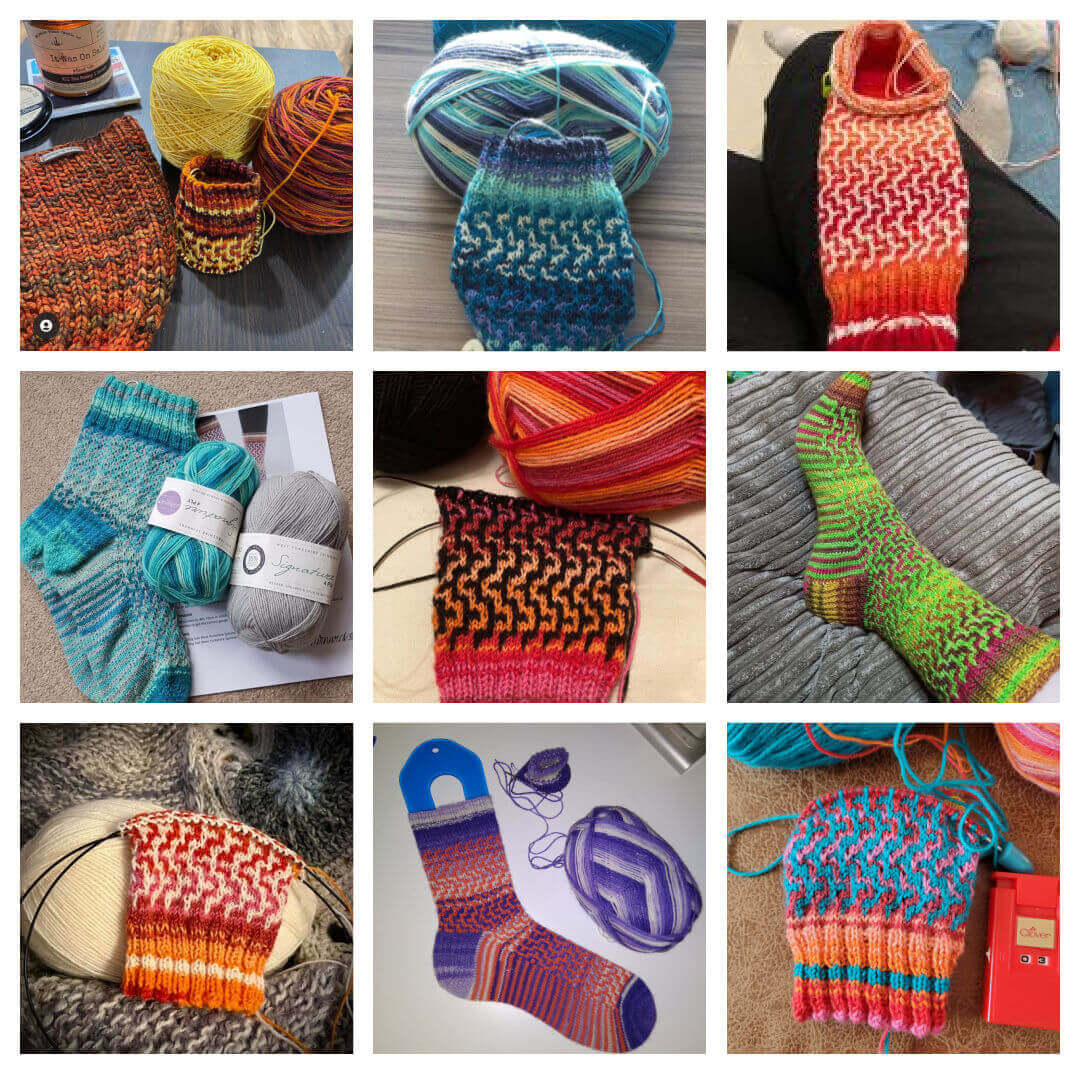 A collage of nine Easy Mosaic Socks using Winwick Mum colours