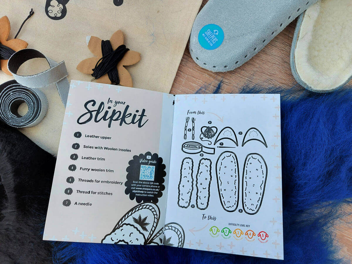 An instruction book for a slipper kit is open on top of the contents of the kit