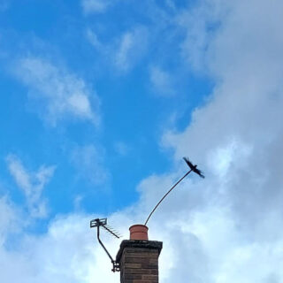 A traditional chimney sweep brush sticks out of a chimney pot against a blue and cloudy sky