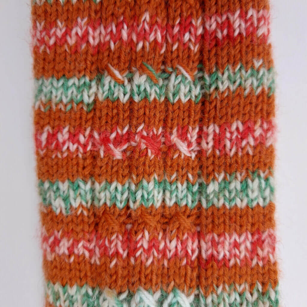 A close up of the mock cable stitch from Hansel socks