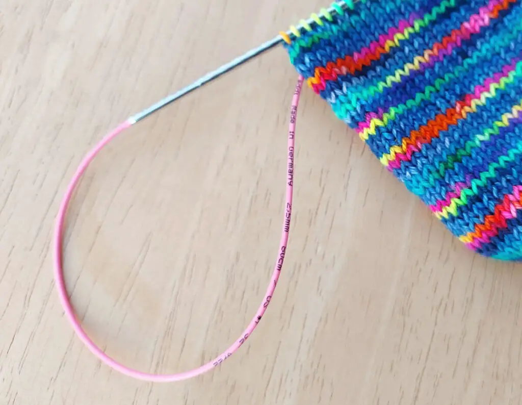 A close up of the pink cable of an Addi Unicorn needle