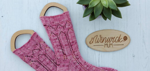 A pair of pink lacy socks on sock blockers lying on a white wooden board. Next to them is a wooden oval disk with the Winwick Mum logo engraved on it, and a green succulent plant