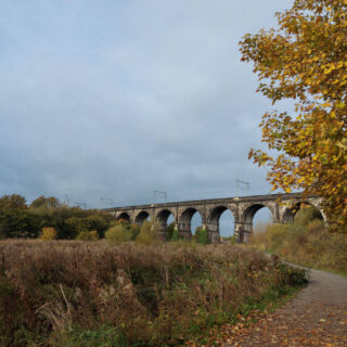 An arched viaduct bridge against a dark sky and autumn leaves