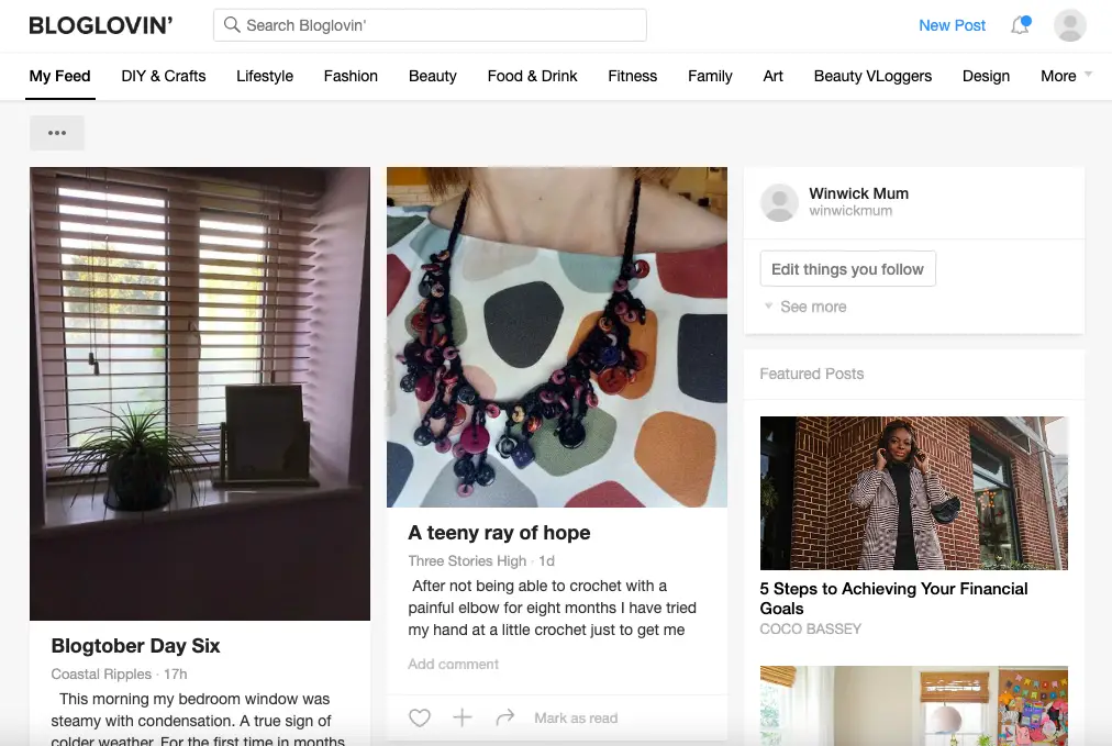 A screenshot showing the home screen of Christine's Bloglovin' feed