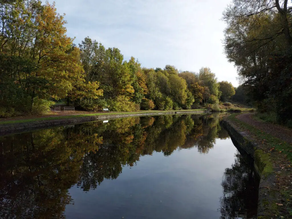 Trees turning autumn colours reflected in a canal