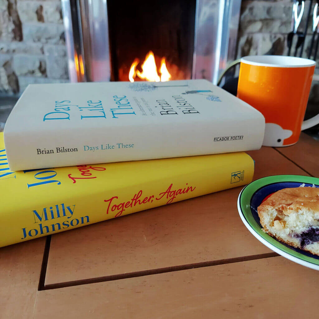 Two hardback books on a wooden coffee table next to a brightly coloured plate with a piece of cake on it, and an orange mug of tea. In the background is a fireplace with a burning fire.