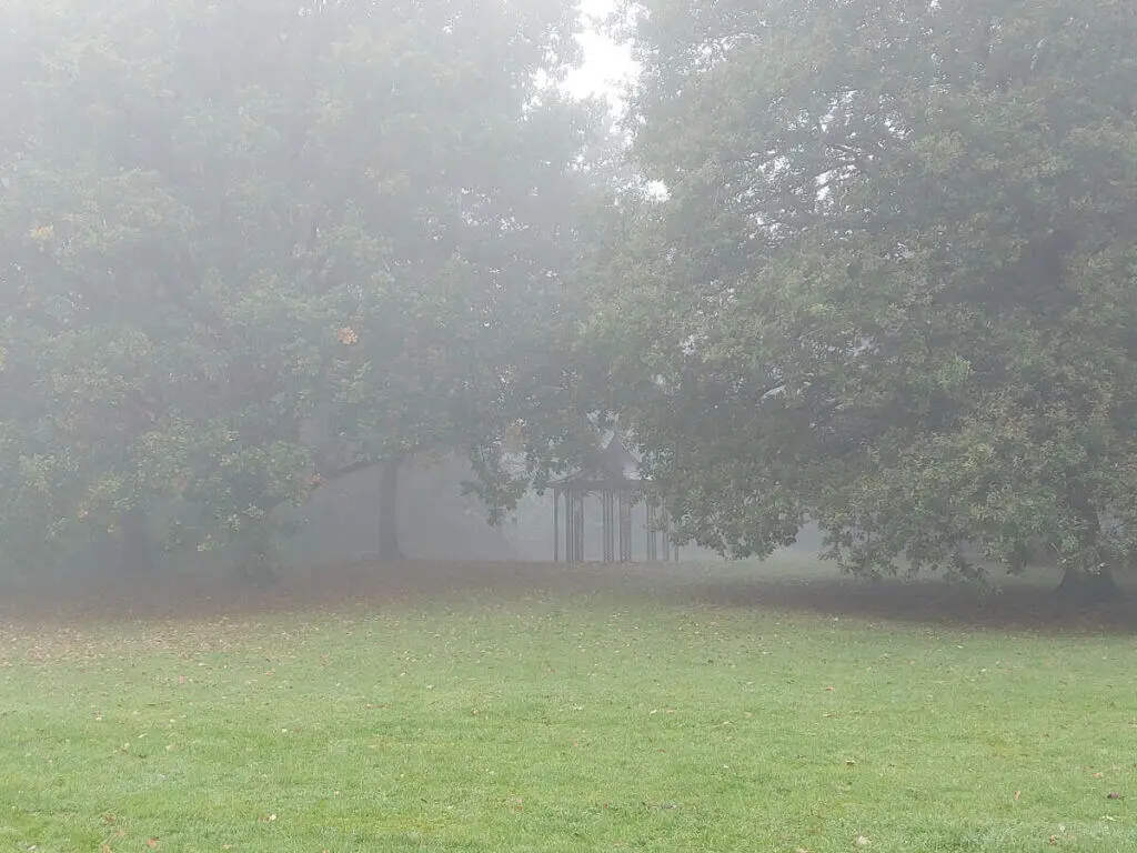 A bandstand half-hidden behind some trees in the mist