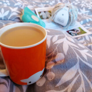 An orange mug of tea balanced on a grey and white patterned duvet cover. In the background are a knitting pattern, a ball of yarn and a blue packet of needles
