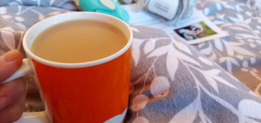 An orange mug of tea balanced on a grey and white patterned duvet cover. In the background are a knitting pattern, a ball of yarn and a blue packet of needles