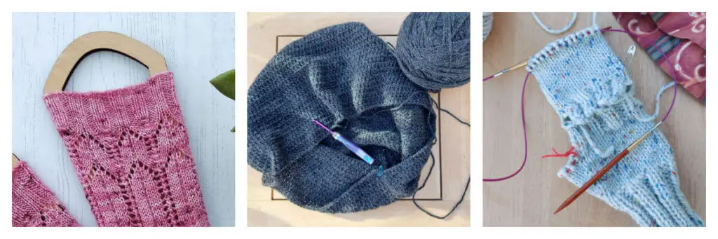 Three photos showing projects in progress - a pink lace sock, a grey pouffe cover and a cream mitten