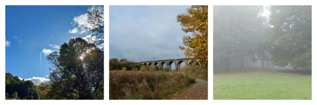 A collage of three photos showing a sunny day, a cloudy day and a foggy day