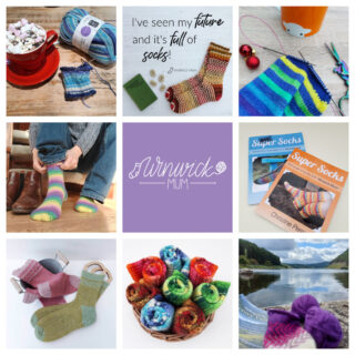 A collage of nine photos showing socks, yarn, Super Socks books and the Winwick Mum logo