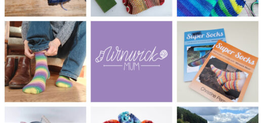 A collage of nine photos showing socks, yarn, Super Socks books and the Winwick Mum logo