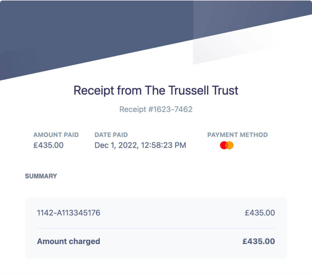 A receipt for £435 from a donation to the Trussell Trust