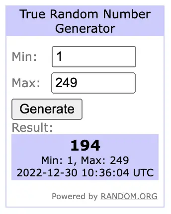 A random number generator showing the winning number as 194