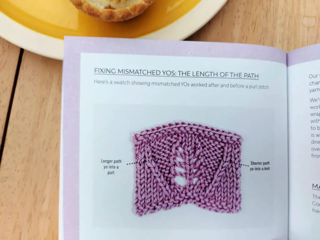 A photograph of a knitting technique in a book. The book is lying on a wooden coffee table next to a yellow plate with a mince pie on it