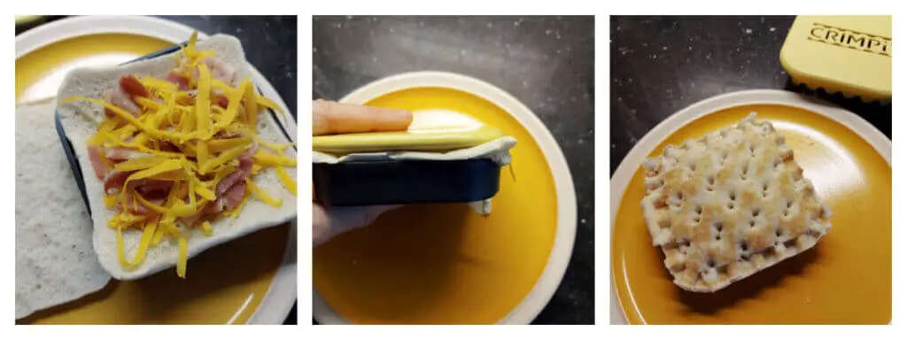 A collage of a toastie being made in three photos