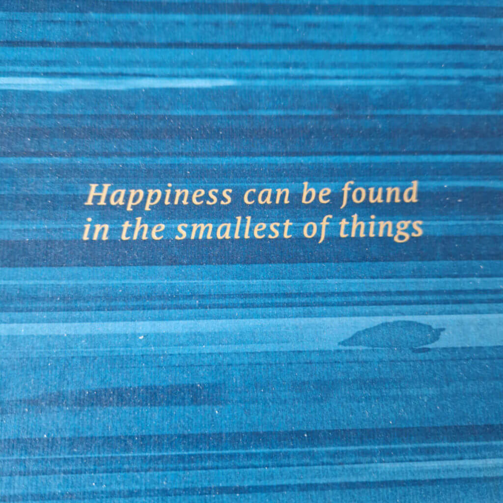 Gold words printed on a blue box lid. They read "Happiness can be found in the smallest of things"