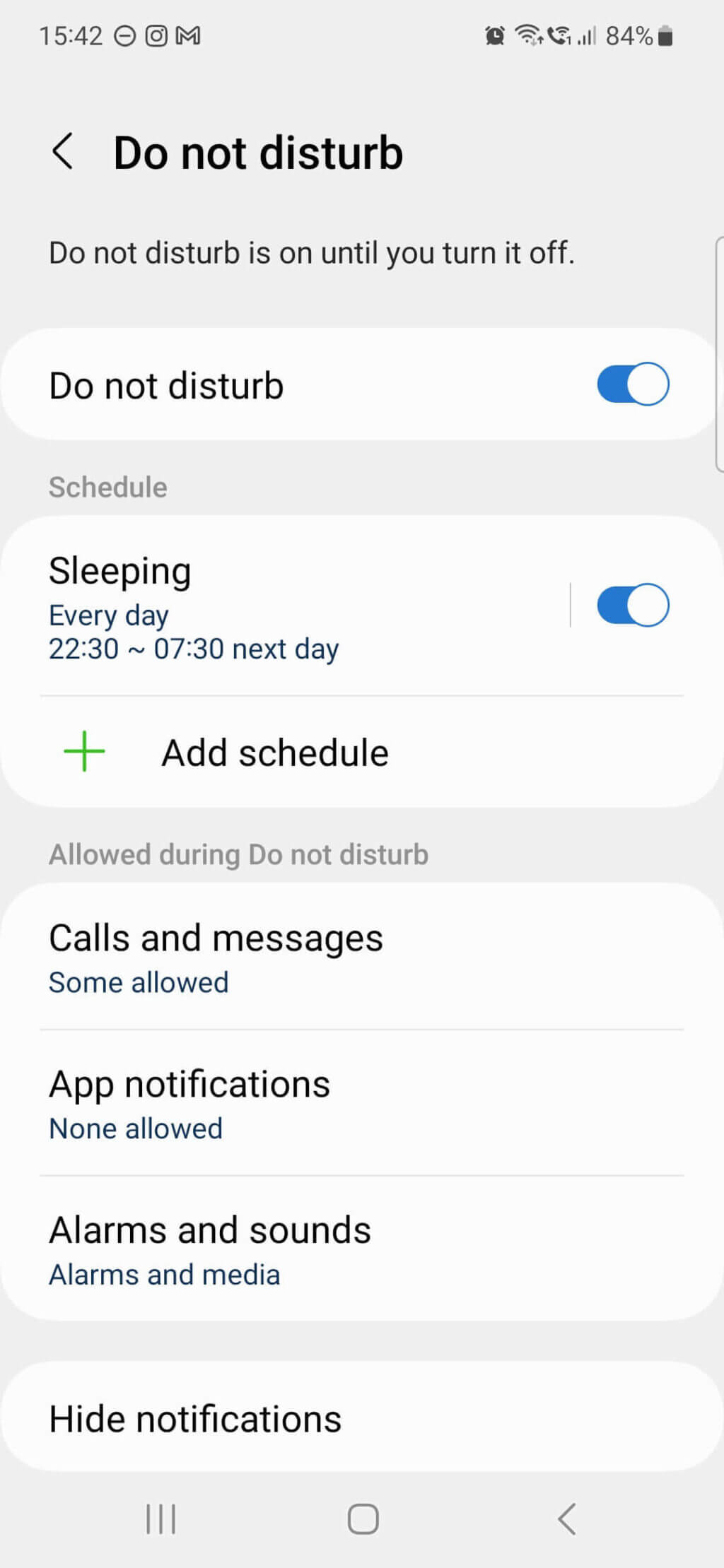 A screenshot of a phone screen showing do not disturb settings