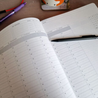 An open planner showing a blank page spread. There's a black pencil lying across the pages