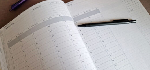 An open planner showing a blank page spread. There's a black pencil lying across the pages