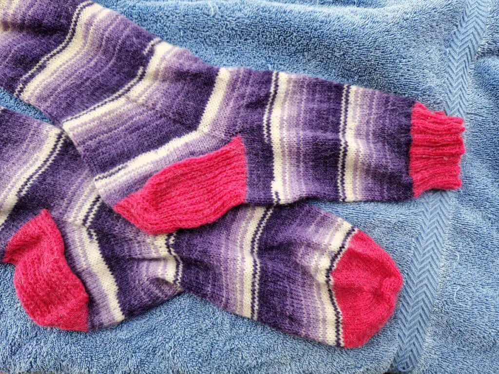 A pair of purple and white socks with pink cuffs, heels and toes lying on a blue towel