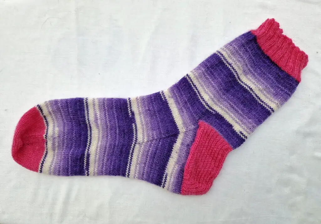 A single purple and white sock with pink cuffs, heels and toes lie on a white background, ready for pressing