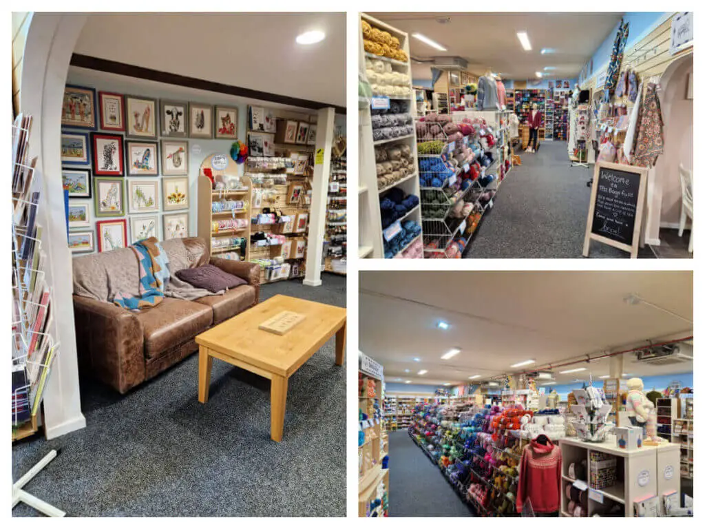 A collage showing views of the inside of Black Sheep Wools craft barn including rows of yarn storage, a comfy sofa to sit and knit and garments on display