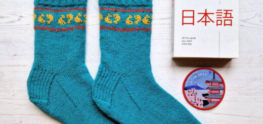 A pair of blue socks with a band of goldfish inside a red border. To the right is a Japanese dictionary and a Girl Guide camp blanket badge