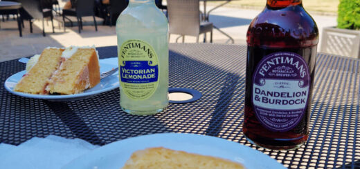 In the foreground is a slice of lemon cake with a fork on a white plate on a mesh table. Behind is a bottle of brown drink, and next to it a bottle of yellow drink and a triangular slice of cake on a plate. The table is outside a cafe in the countryside
