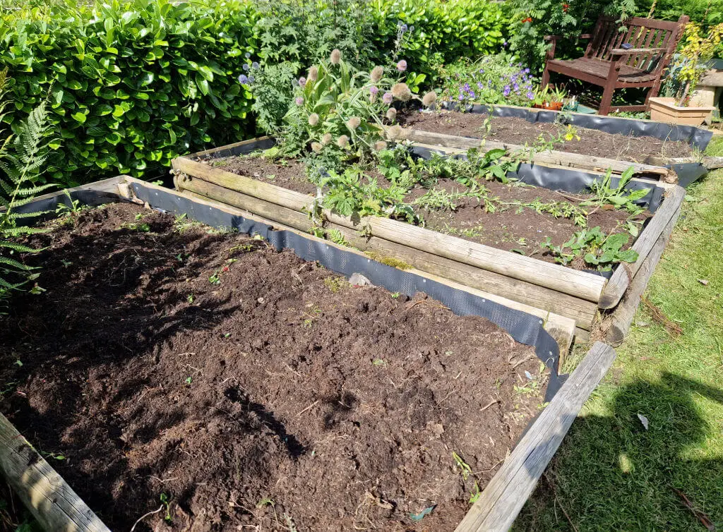 Cleared wooden raised beds in a garden.