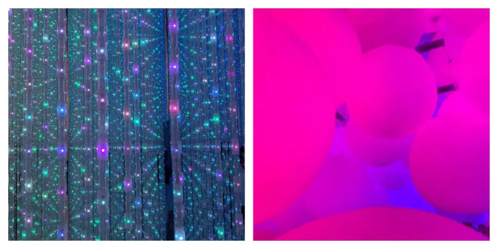 Two photos showing the visual effects inside Teamlab Planets