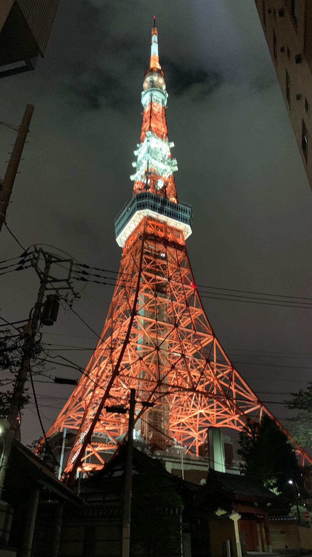 The Tokyo Tower against the night sky. It is lit up in red and white lights