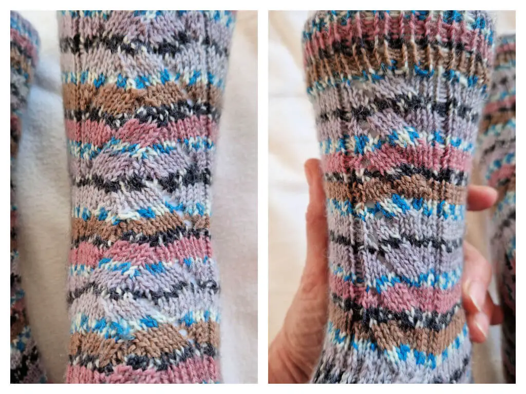 Two close up photos showing the lace pattern panel on the front and the back of a grey, pink, beige, black and white sock
