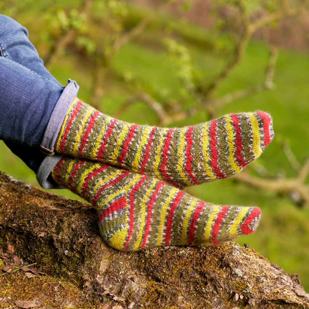 A pair of green, light green, red, black and white socks modelled on feet. The wearer is sitting on a mossy log.
