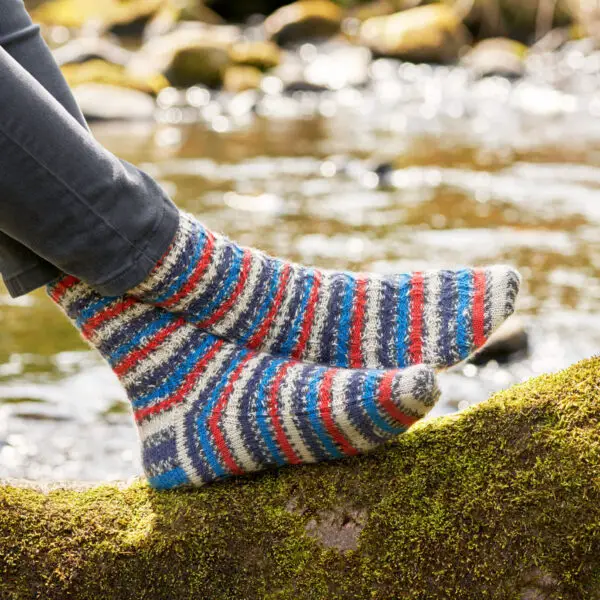 A pair of orange, navy, blue, black and white socks modelled on feet. The wearer is standing on a mossy log.