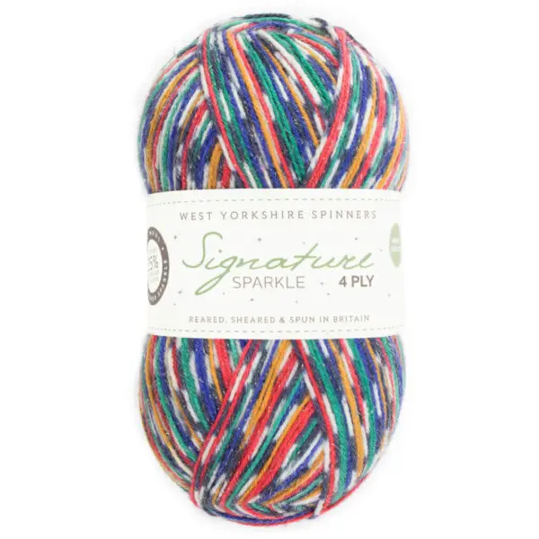 A ball of yarn which will knit up into stripes of red, blue, green and gold