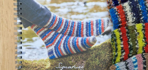 A pattern book with a pair of red, orange, white and black striped socks on the front. To the right, four pairs of socks are lined up against the edge of the book, only their cuffs showing